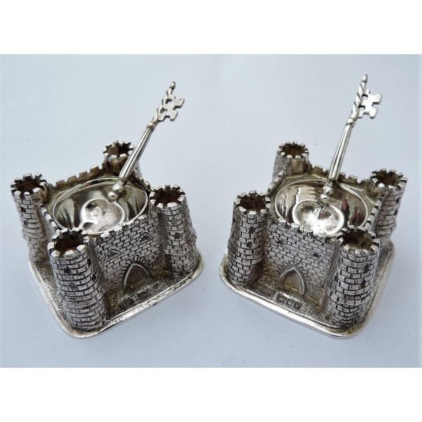 Antique silver novelty salt pots castle key spoons