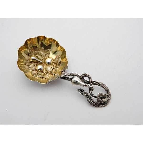 Apples Pears silver caddy spoon by Hilliard THomason 1852