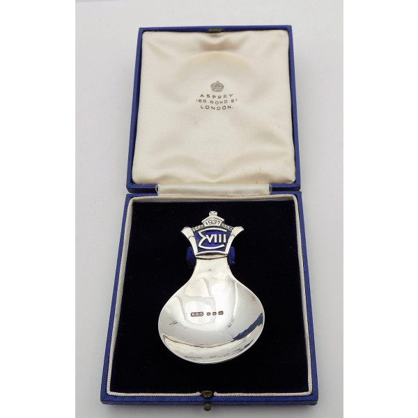 Asprey silver caddy spoon by RE Stone Edward VIII coronation