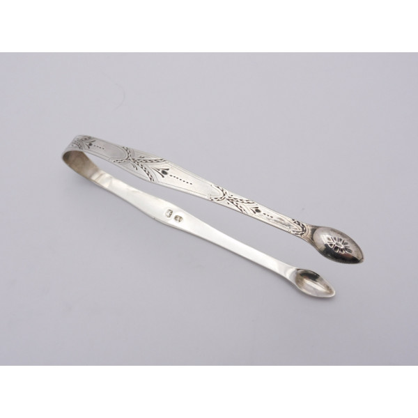 Bright cut engraved silver sugar tongs London 1784 Hester Bateman