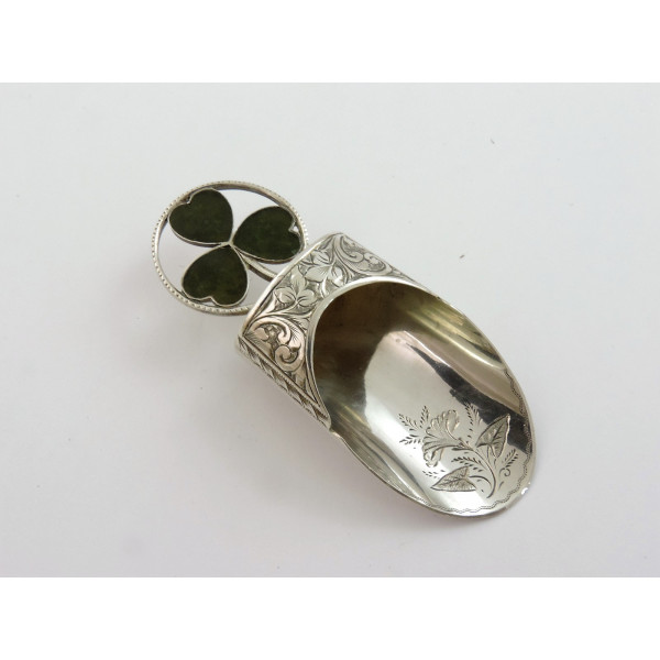 Connemara marble shamrock silver caddy spoon 1905 Joseph Cook Son