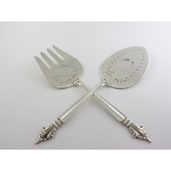 Pair Georg Jensen silver fish servers Acorn Pattern