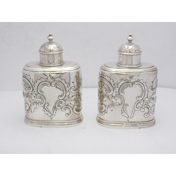 Pair Georgian silver tea caddies London 1744 by Samuel Taylor