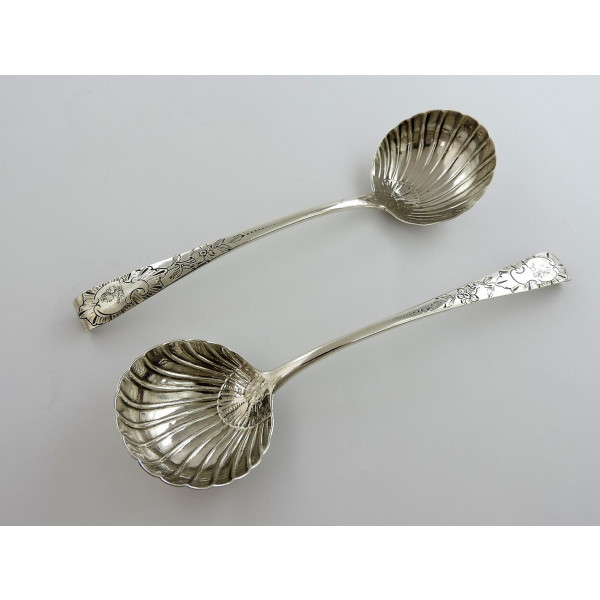 Pair Irish silver sauce ladles hook end by John Craig Dublin 1775