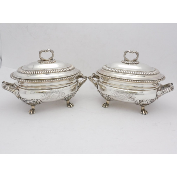 Pair Regency silver sauce tureens armorial