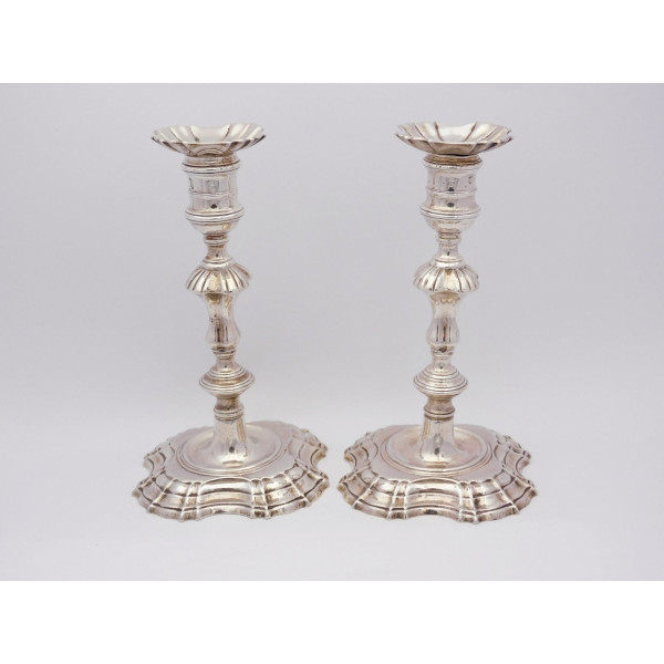 Pair cast Georgian silver candlesticks London 1749 by John Cafe