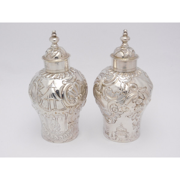 Pair chinoiserie silver tea cannisters 1753