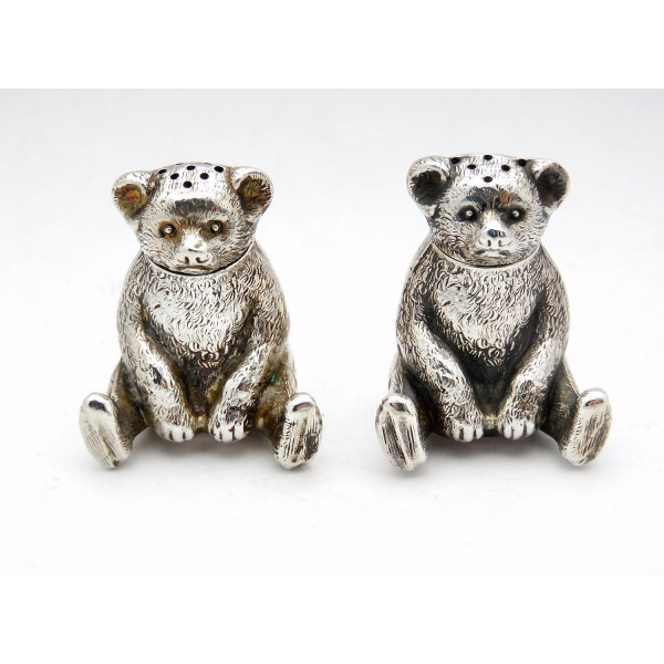 Pair novelty teady bear silver pepper pots 1909 Gourdel Vale Co