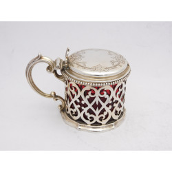 Pierced silver mustard pot with cranberry liner London 1854 Barnards