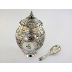 SIlver tea caddy and spoon London 1872 by Barnards