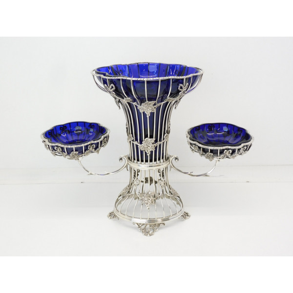 Silver epergne with blue glass liners 1909