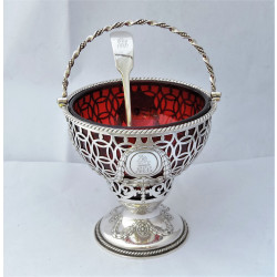 Silver sugar basket with cranberry glass liner London 1876