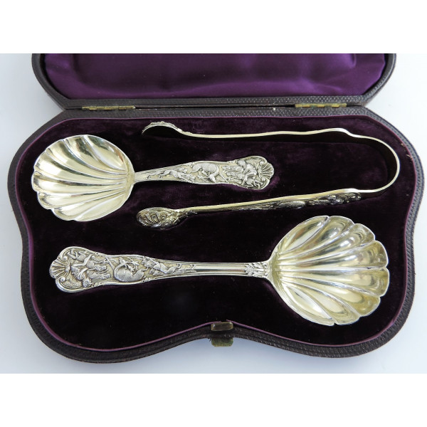 Stag Hunt pattern silver gilt tea equippage set by Lias Wakely